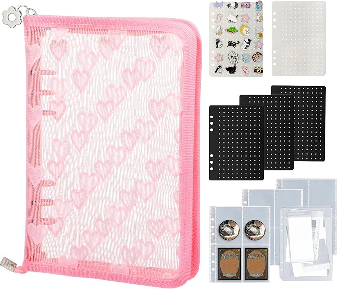 Enamel Pin Display Book Collection Trading Book Portable Brooch Pins Holder Storage Organizer Case Zippered (Pink Heart Lace)