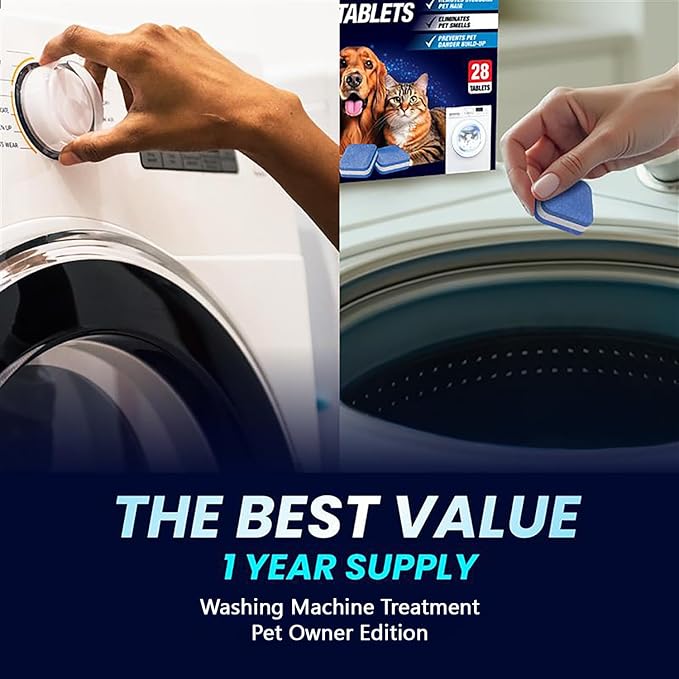Washing Machine Cleaner Pro Tablets for Pet Owners - 28 Pack, Front & Top Load Washer Deep Cleaning, Septic Tank Safe, HE Support, Remove Stubborn Pet Hair, Eliminates Smells, Prevents Dander Build-up