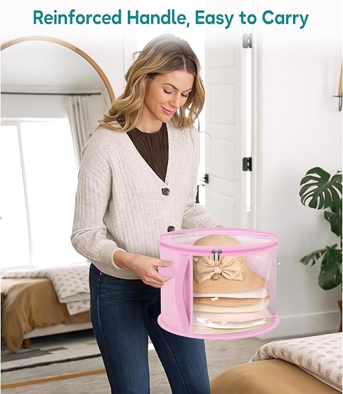 AOODA Oversized Clear Hat Storage Bag for Women, Holds up to 7 Caps Cowboy Hat Organizer for Closet, Wide Brims Hat Case with Carrying Handles (Pink)