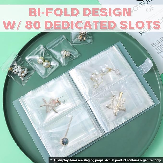 Portable Jewelry Storage Organizer, Clear Double-Sided Protective Folder with Snap Closure, Multi-Compartment Display Book for Necklaces, Earrings, Rings (5 inches - 80)