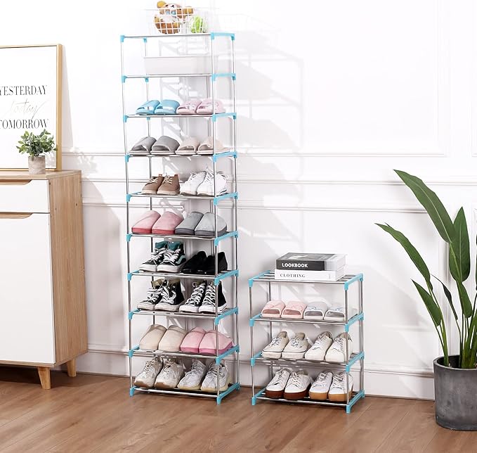 Stackable Small Shoe Rack, Entryway, Hallway and Closet Space Saving Storage and Organization (3-Tier, Blue)