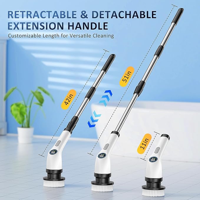 Electric Spin Scrubber Upgraded Battery with Extra-Long Runtime, IPX7 Waterproof Power Cleaner with 7 Brush Heads, 2 Speeds Adjustable Long Handle for Bathroom, Floor, Shower, Tile & Kitchen Cleaning