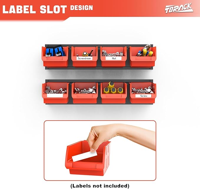 TORACK Wall Mounted Storage Bins, 16 Plastic Bins for Tools Organization in Garage, Craft Room, Shop(4-Pack, Orange-red)