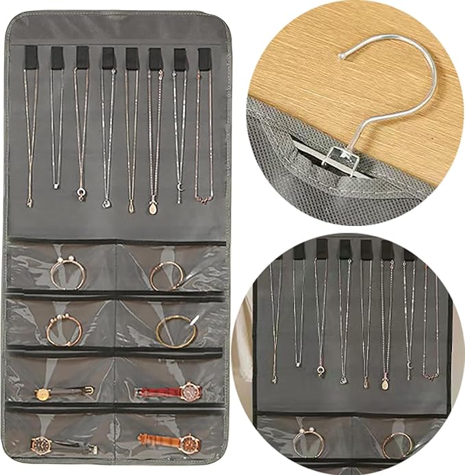 Hanging Jewelry Organizer,80+48 Clear Pockets and 8 Hooks for Jewelries Dual-Sided Display Holder,Wardrobe Storage Holder with Hook for Storing Jewelries Earrings Necklaces Rings Bracelets Glasses