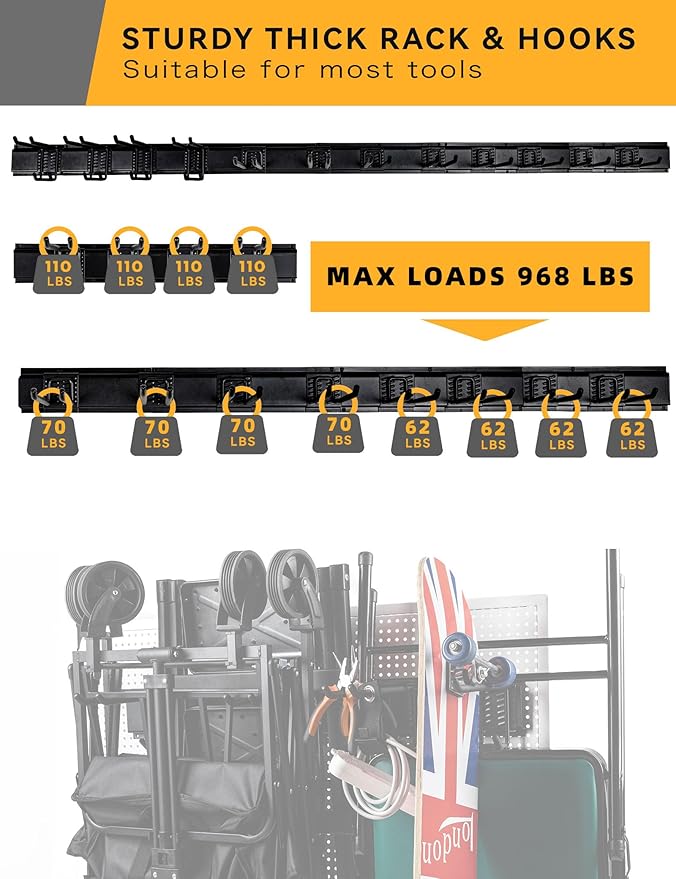96 Inch Wall Mount Garden Tool Organizer with 22 PCS Adjustable Garden Tool Hanger Rack for Garage Storage, Max Load 960lbs, Black Iron, 96 x 1 x 4 Inches