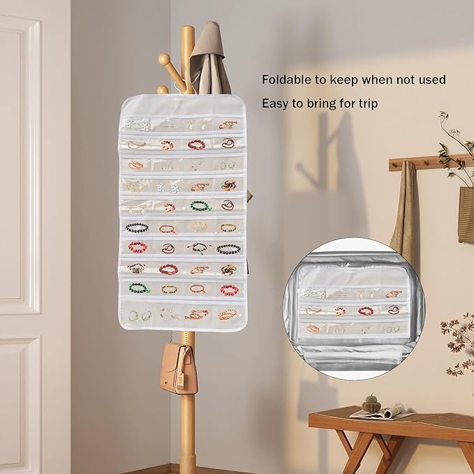 80 Pockets Double-Sided Hanging Jewelry Storage Bag, Transparent Earring, Bracelet, Ring Bag, 33x17 Inch Large Size Fits Wardrobe/Shelf Rod, Travel Portable, Non-Woven(White)