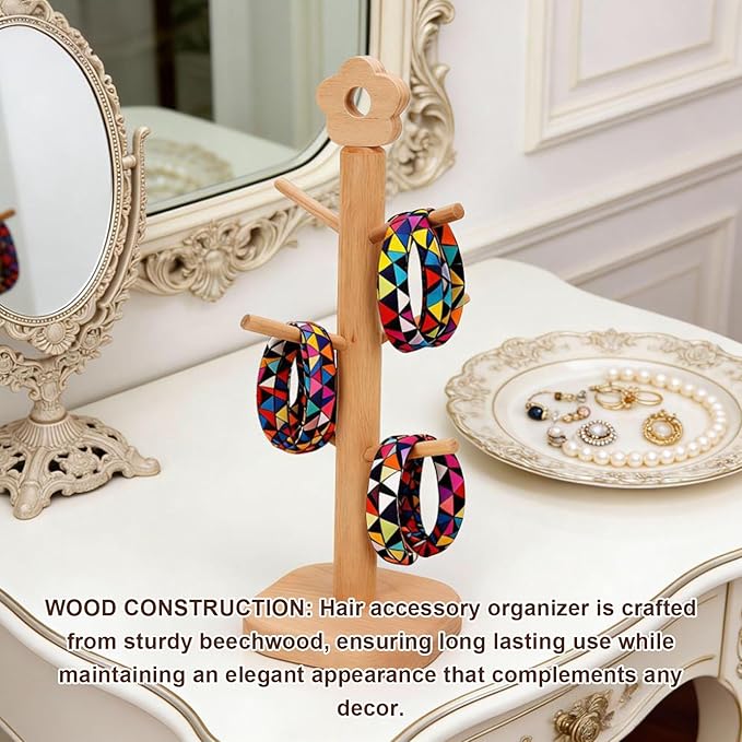 Wooden Hair Tie Holder, Beechwood Accessory Organizer with 6 Prongs for Scrunchies and Bands, Tabletop Storage Rack Home Boutique