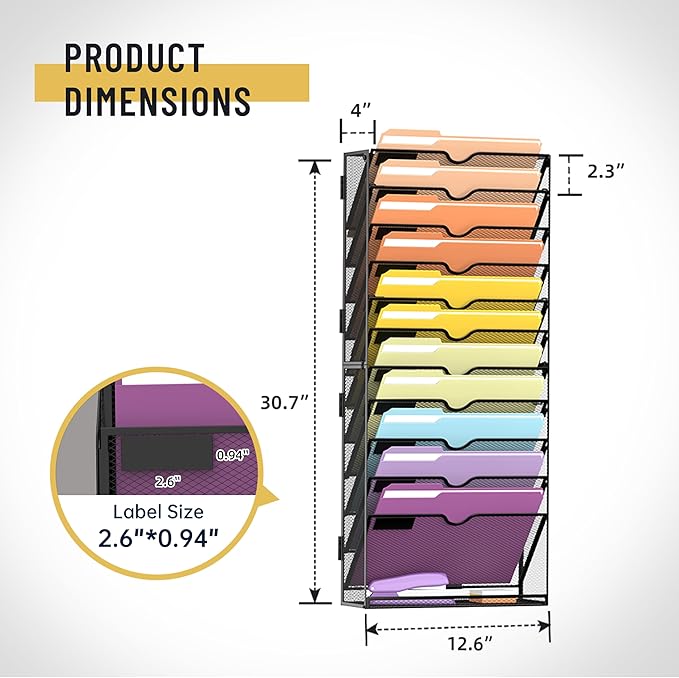 SUPEASY 12-Tier Hanging Wall File Holder Organizer for Papers, Folders, Files Clipboard & Magazine Organization Great for Office Home, Assembly Needed, Black