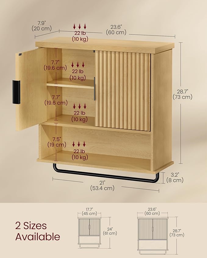 VASAGLE MAXE Collection - Bathroom Cabinet Wall Mounted, Over Toilet Hanging Cabinet with Adjustable Shelf, Towel Bar, Fluted Doors, 7.9 x 23.6 x 28.7 Inches, Transitional, Oak Beige UBBK135Y01S