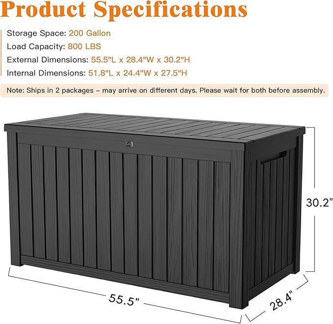 200 Gallon Outdoor Storage Box, Waterproof Deck Box with Handles and Lockable Lid, Resin Patio Storage Box with Hydraulic Rods for Garden Tools, Cushions, Black