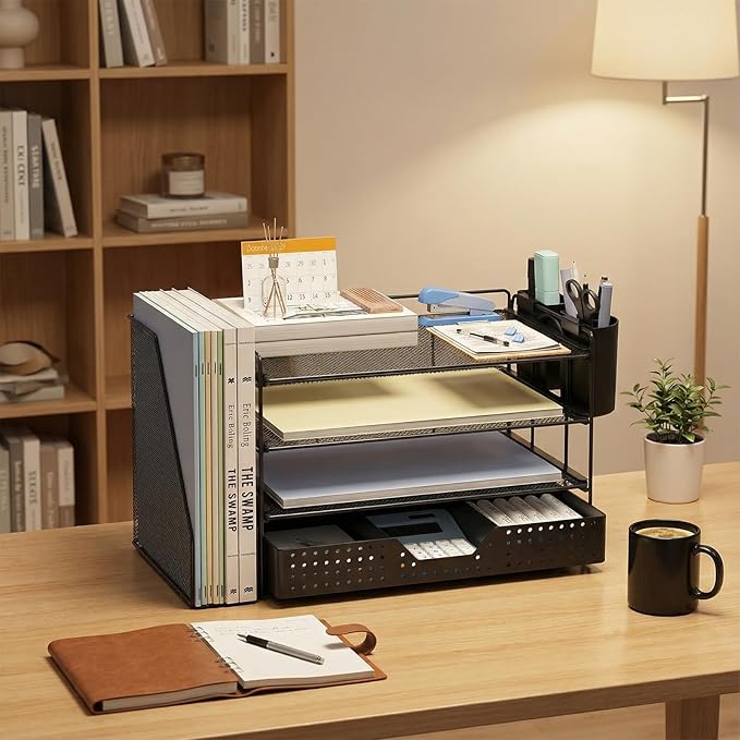 Desk Organizer, 4-Tier Paper Organizer Letter Tray with File Holder, Drawer and 2 Pen Holders, Desktop File Organizer for Office Supplies, Workspace Storage, Black