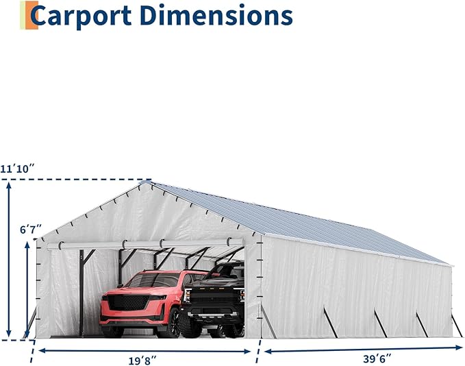 GarveeLife 20'X40'x12' Metal Carport for Multiple Vehicles, Enclosed Car Ports, Vertical Roof Design, for All-Weather, for Full-Size Pickup Trucks, Boats, and Tractors