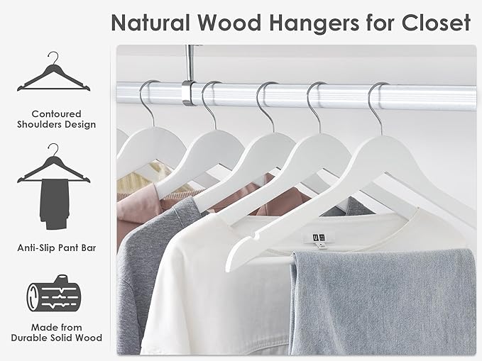 StorageWorks White Wooden Hangers 30 Pack, Heavy Duty Wood Hangers for Closet, Clothes Hangers for Coats, Bridesmaid Suits, Wedding Dress