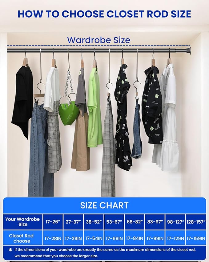 2 PACK Closet Rods for Hanging Clothes, 17 to 69 Inches Stepless Adjustable Metal Closet Rod, 1.3 Inches Heavy Duty Clothes Hanging Rod for Closet Wardrobes Laundry RV, Black