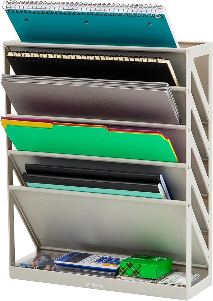 Mind Reader 5-Tier Vertical File Storage, Desktop Organizer, Wall Mount, Office, Plastic, 13"L x 4.25"W x 16"H, Beige