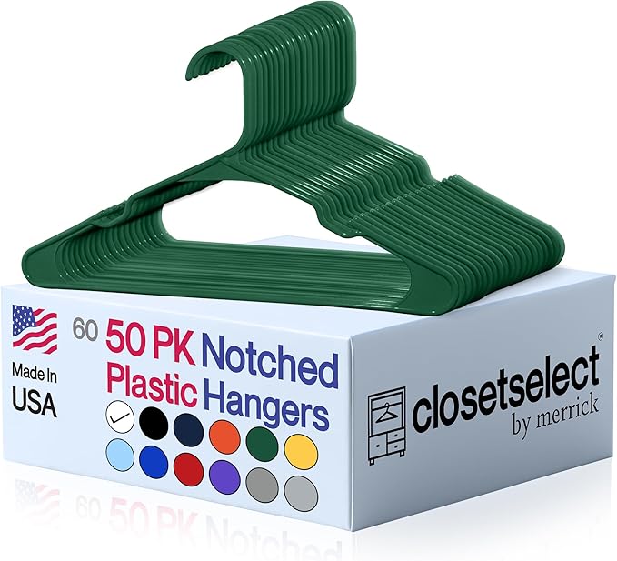Plastic Hangers 50 Pack - Space Saving Clothes Hangers, Made in USA, Durable & Strong Plastic Shirt & Coat Hanger with Notches & Shoulder Grooves, Non-Slip Clothing Hangers | Carpet Green