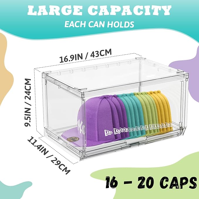 2 Pack Large Hat Organizer Box, Stackable Clear Baseball Caps Holder Box Containers with Sliding Door for Hats Snapback Cap Storag, Hat Rack Display Case, Holds 20 Hats Each -Clear