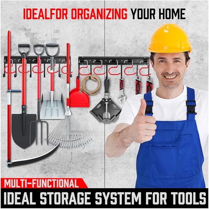 SEDY 68" All Metal Garden Tool Organizer Hooks - Garage Wall Organizer Sturdy Garden Tool Storage System Yard Tool Garage Tool Organizer Wall Mount Shed Organization Shovel Broom Rake Holder