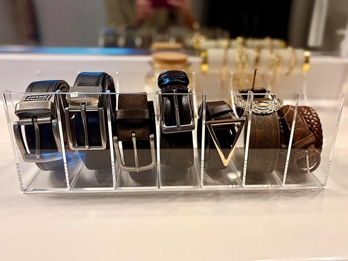 Belt Organizer, Acrylic Belt Storage Holder for The Closet, 7 Compartments Display Case for Tie and Bow Tie