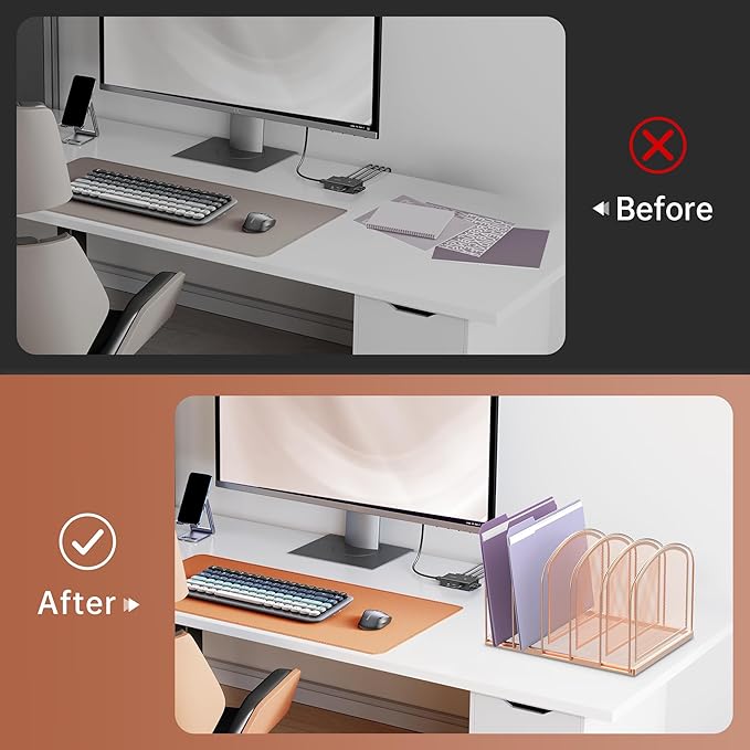 SUPEASY File Organizer for Desk, 5-Section Mesh Desk Organizer, Vertical File Holder Desktop Organizer File Sorter, File Folder Holder for Office Supplies, Rose Gold (Pack of 2)