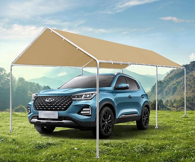 10'x20' Carport Replacement Canopy Cover for Top Tent Shelter Tarp with Ball Bungees Beige (Only Top Cover, Frame is not Included)