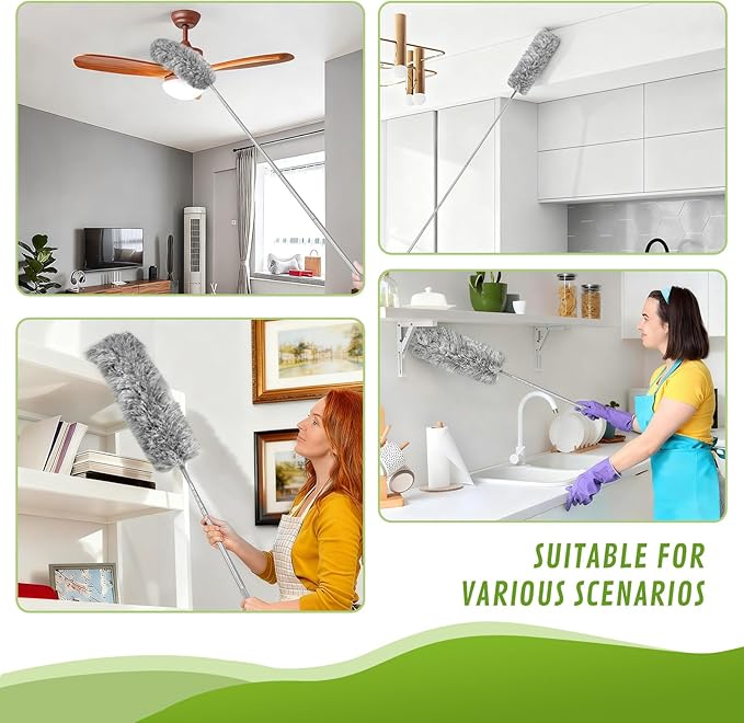 7-in-1 Telescopic Duster Kit with 100-Inch Pole, Microfiber & Cobweb Brush for Ceiling Fans, Blinds, High Cleaning