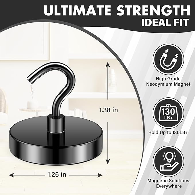 Magnetic Hooks for Cruise Cabins, 130lbs Black Magnetic Hooks for Hanging Mugs, Strong Magnets Heavy Duty, Cruise Ship Magnets for Grill, Classroom Decor, Office Accessories, 4 Pack