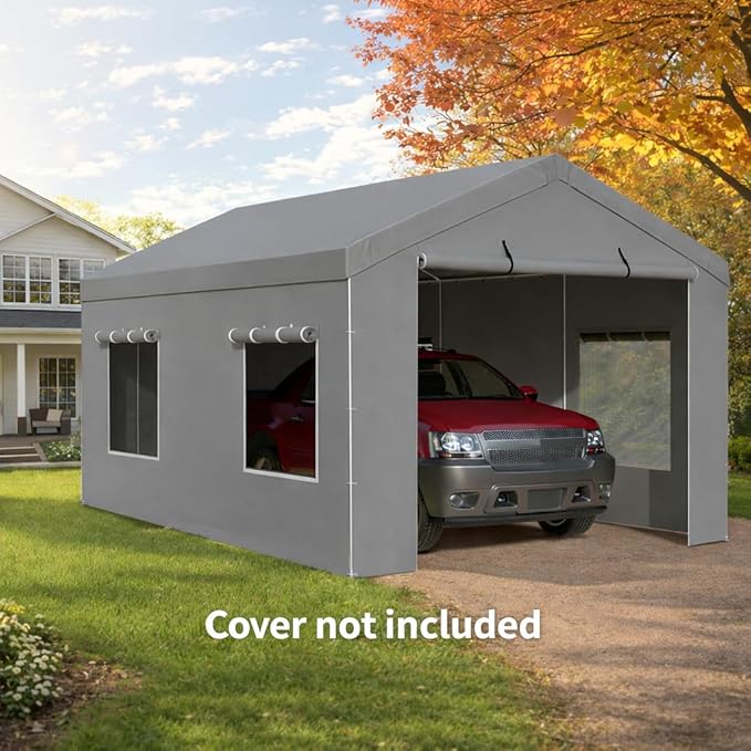 2 Pack Carport Canopy Replacement Sidewalls with Roll-up Windows, 2 Pack Zipper Doors for 10x20FT, Waterproof & UV Protected, Easy Assembly with Ball Bungees, Grey (Frame and Top Cover Not Included)