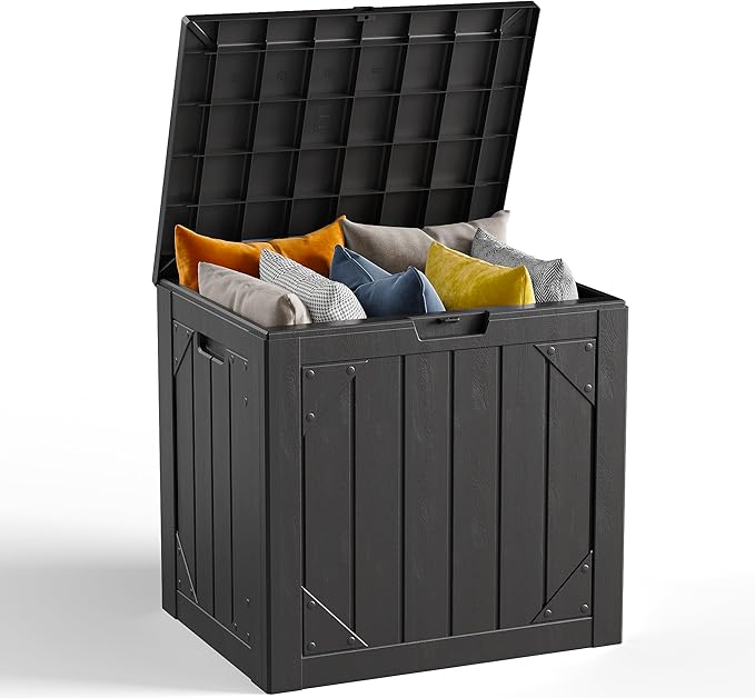 30 Gallon Outdoor Storage Box, Waterproof Resin Deck Box Organizer for Patio Cushion Storage, Lockable Outside Container for Garden Tools