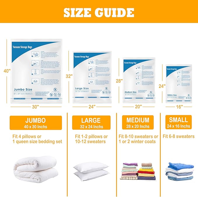 Vacuum Storage Bags , Small Space Saver Sealer Bags , Airtight Compression Bags for Clothes, Pillows, Comforters, Blankets, Beddings, Pack of 10