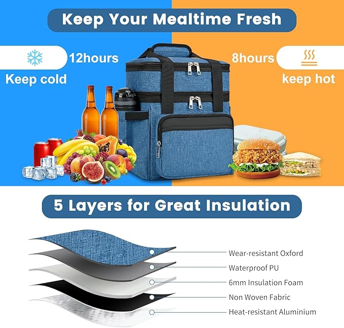 Insulated Lunch Bag & Lunch Box for Men - Double Deck Reusable Lunch Bag for Women Tote Cooler Bag Leakproof Soft Expandable - Extra Large Lunchbox for Work/Adult/Picnic/Outdoor (Blue，22L)