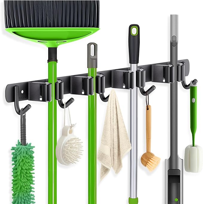 ZONGOOL 4 Racks and 5 Hooks Broom Holder Wall Mount Mop Hanger Wall Mount Metal Organization Tool Organizer Wall Hanging for Home Kitchen Garden Laundry Garage (Black)