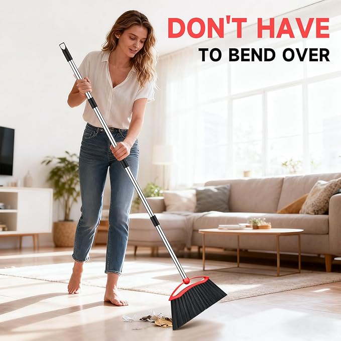 Heavy Duty Broom, 54-inch Adjustable Long Handle Angle Brooms Large Brooms for Sweeping Indoor and Outdoor Commercial Broom for Home Kitchen Patio Garage Porch Courtyard Classroom, Red