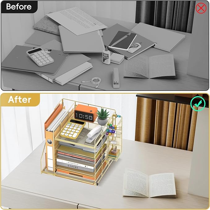 Gold Desk Accessories, 5-Tier Desk Organizer with Magazine Holder, Paper Organizer with Pen Holder for Home, Office or School Supplies