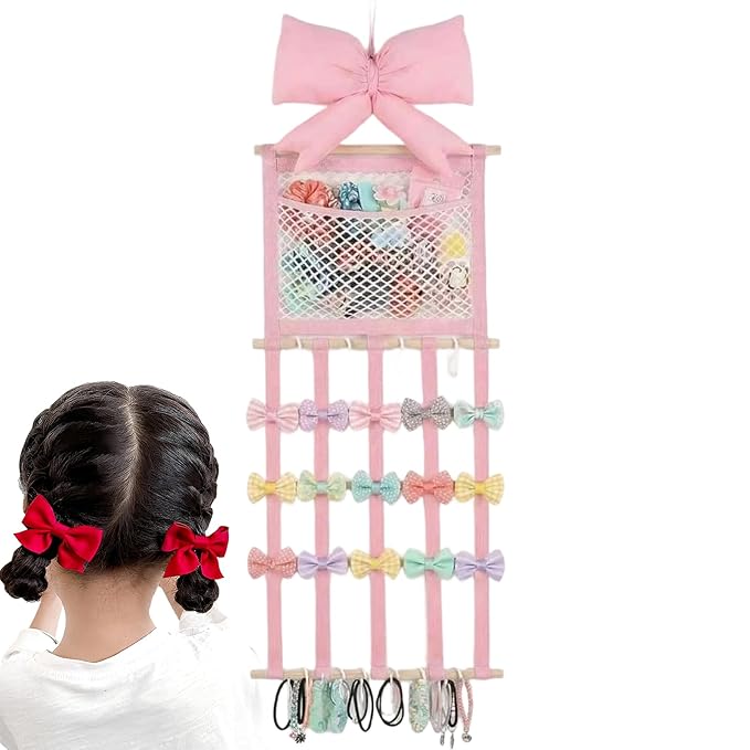 Hair Clip Holder Organizer - with Hooks Pink Bow Wall Storage,Hair Accessory Organizer Room Decor,for Women Teen Girls Door Closet Bedroom Living Room Home Decor Apartment