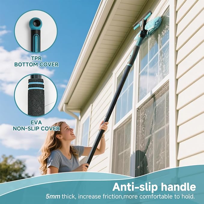 Professional 2-in-1 Window Squeegee Cleaner Tool with 62" Extension Pole, Rotatable Bendable Head & Scrubber, Car Glass Cleaning Kit for Windows, Shower, Gas Station - 1 Blade 2 Scrubber