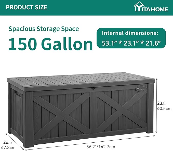 YITAHOME 150 Gallon Large Outdoor Storage Box with X-Shaped Front, Waterproof Resin Deck Box Cushion Storage Bench for Patio, Pool Supplies, Garden Tools - Lockable, Dark Gray