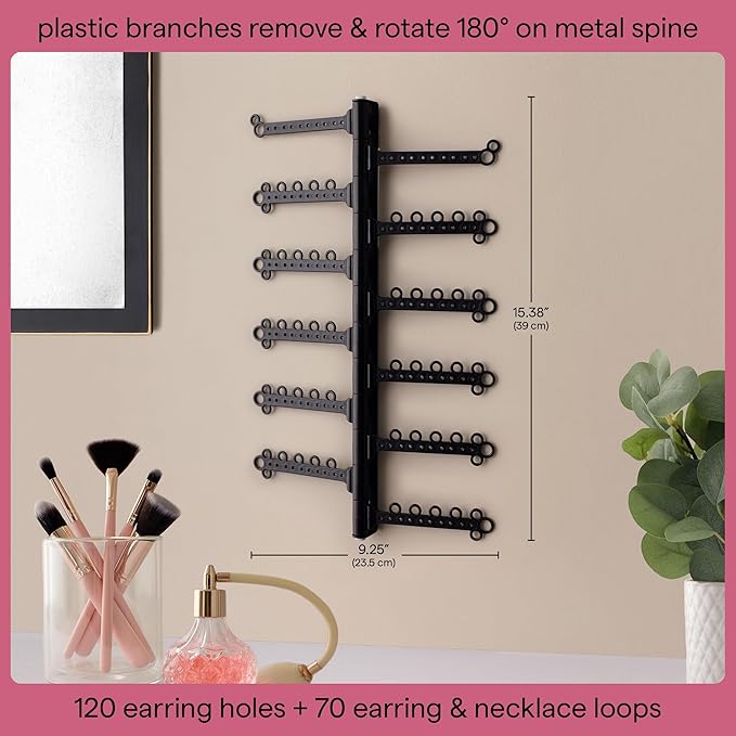 AllHungUp 12-Tier Wall Jewelry Organizer Wall Mounted Jewelry Organizer Necklace Holder Wall Mount Hanging Necklace Organizer Jewelry Hanger Wall Mounted Earring Holder Display Earring Organizer Black