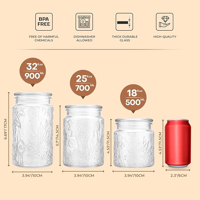 24oz Wide Mouth Mason Jars, 3-Pack Glass Jars With Lids, Pickle Canning Jars For Candy, Sugar, Coffee, Tea, Spice, Cookie, Dishwasher Safe