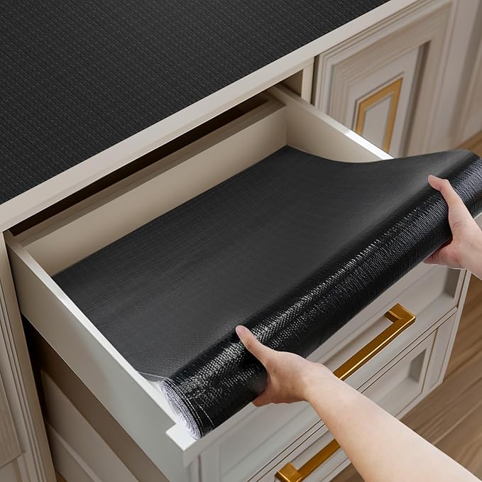 Shelf and Drawer Liner for Kitchen Cabinets Non-Adhesive, Strong Grip Non-Slip Thickened Cabinet Liners for Shelves, Waterproof Mats for Dresser Cupboard, Black, 17 in x 10 Feet