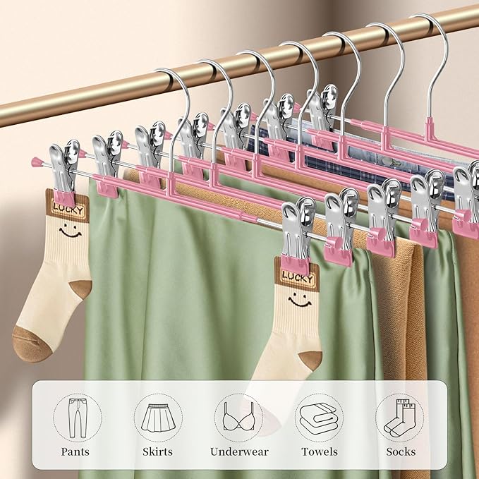 Pants Hangers with Clips 20 Pack Adjustable Skirt Hangers for Women Non-Slip Trousers Hanger for Jeans Clothes Hangers for Pants Heavy Duty Space Saving Shorts Hangers,Pink,12Inch