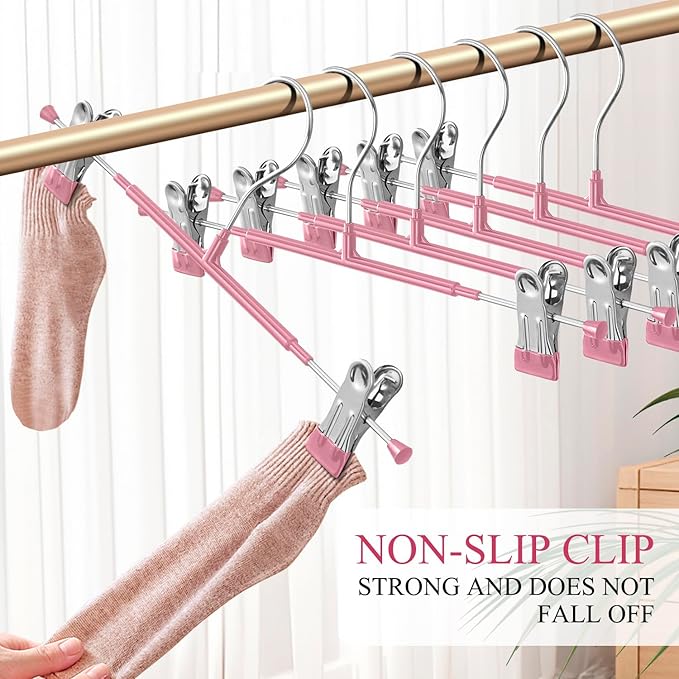 Pants Hangers with Clips 20 Pack Adjustable Skirt Hangers for Women Non-Slip Trousers Hanger for Jeans Clothes Hangers for Pants Heavy Duty Space Saving Shorts Hangers,Pink,12Inch