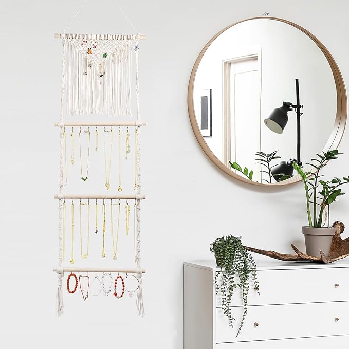 Hanging Jewelry Organizer, Boho Macrame Necklace Hanger Wall Mounted with 30 Hooks,Door Hanging Jewelry Holder with Tassel for Necklaces Display Organizer(Necklace Holder)