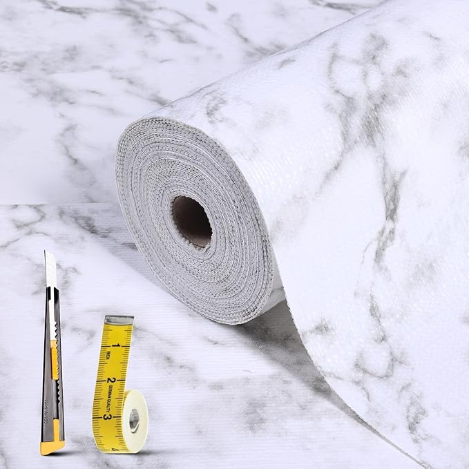 Drawer and Shelf Liner for Kitchen Cabinet: 17 in X 30 Ft Non Slip Waterproof Shelf Paper Non Adhesive Refrigerator Liners White Marble Easy Liners for Bathroom with Knife Tape Measure
