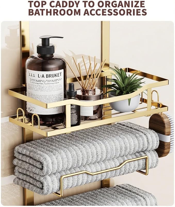 Hanging Towel Racks for Bathroom No Drill - 6-Tier Over The Door Bath Towel Storage Organizer for Small Bathrooms - Tiered Back of Door Towel Holder Hanger for Rolled Towels RV Camper Gold