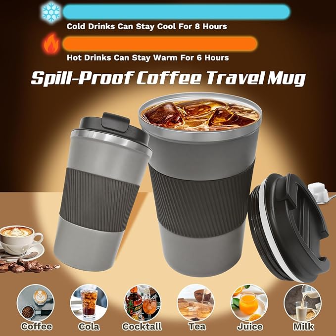 Vacuum-Insulated Stainless Steel Travel Coffee Mug, Leak-Proof Reusable Coffee Cup with Lid-Keeps Drinks Hot & Cold for Hours, Durable Double Wall Tumbler for Men & Women (3rd-Grey, 17OZ)