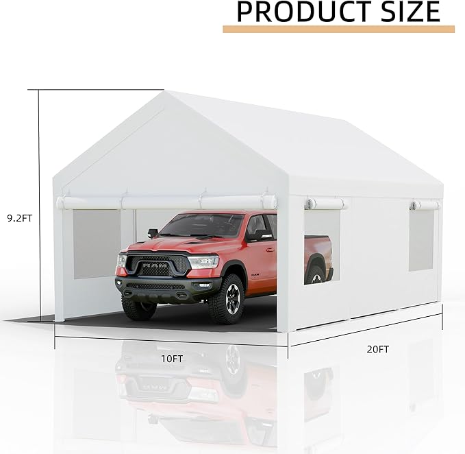 JY QAQA Carport, 10x20 FT Heavy Duty Carport with Removable Side Walls and Doors, Portable Garage with Roll-Up Window and Sandbags, Car Canopy with All-Season Tarp for Cars, Trucks, Boats, White