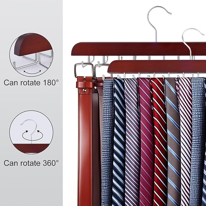 2pcs Red Tie Rack Hanger & Belt Hanger, Stainless Steel Tie Holder Organizer with 20 Folding Hooks Multipurpose 360° Swivel Belt Holder for Closet Storage, Men's Accessories