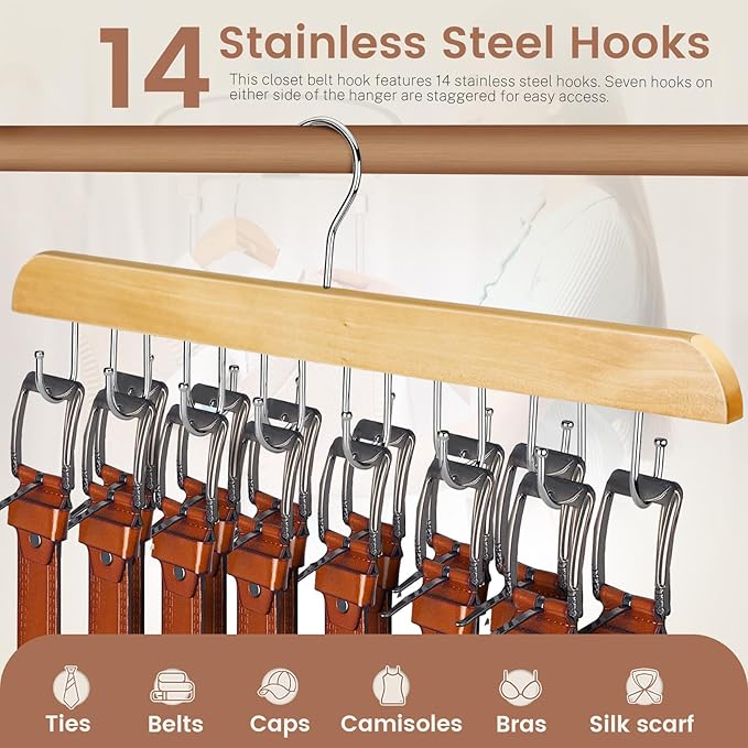 Solid Wood Belt Hanger for Closet, 14 Hooks Belt Organizer Space Saver, 360° Rotating Belt Holder Tie Rack for Men Women Dorm Bra Purse Scarf Tank Top Storage Accessories (Beige)