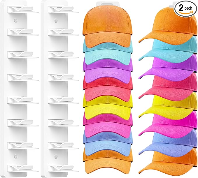 2 Pack Hat Organizer for Baseball Caps, Hat Rack for Wall Hold Up 16 Hats, Strong Adhesive & Screw-in Cap Holder hat hangers for Closet Door & Bedroom (White-2Pcak)